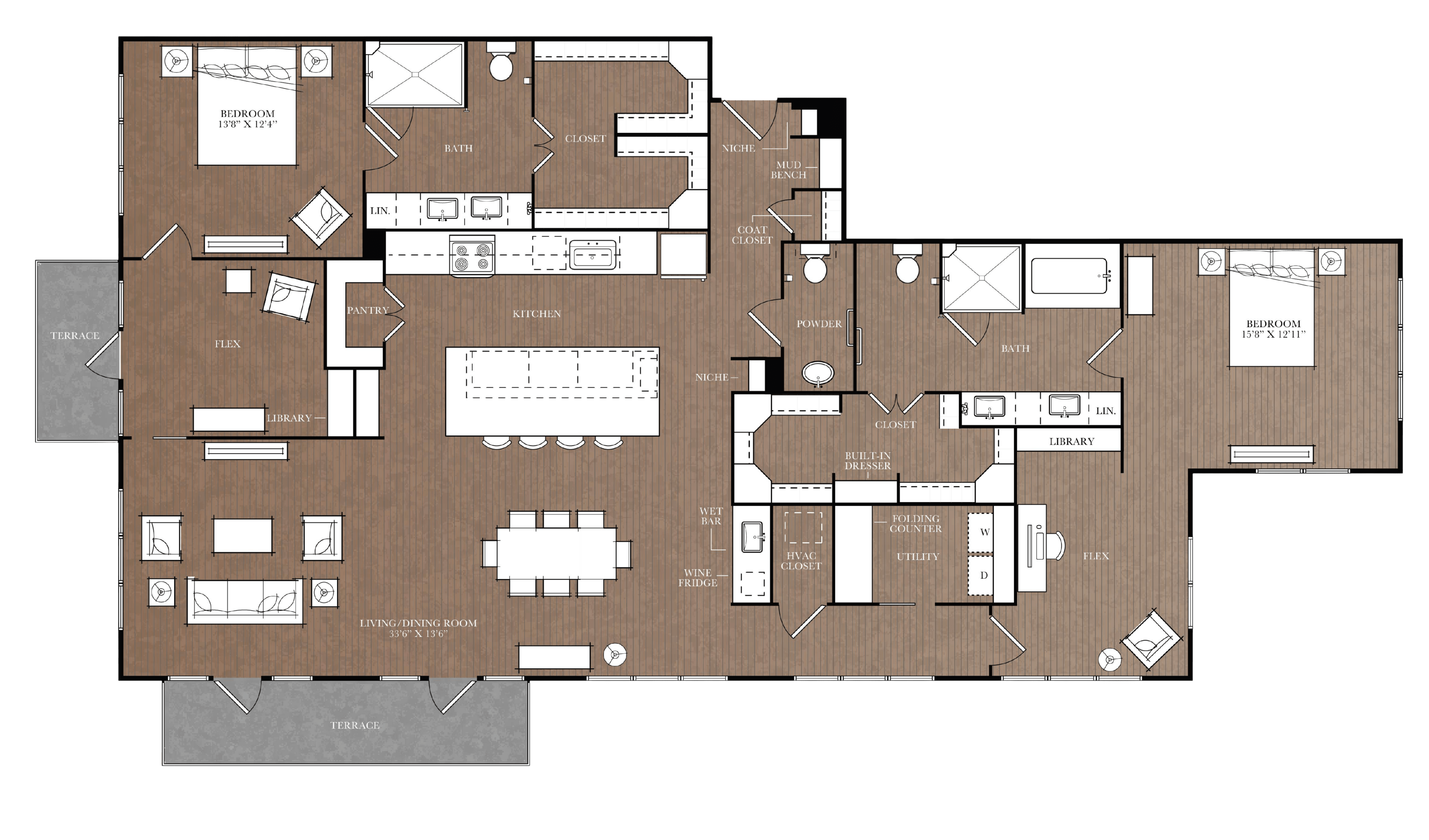Floor plan for 2 beds, 2.5 baths, 2096 sqft